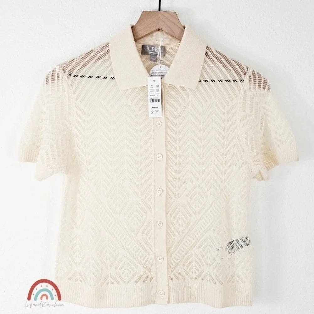 New! J. Crew Cashmere Sheer Pointelle Button-up Short Sleeve Cardigan